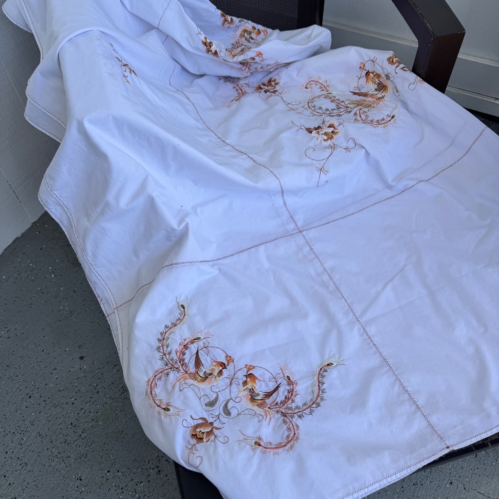 Vintage Chinese Embroidered Cotton Tablecloth 60x100 Phoenix Bird Banquet Floral